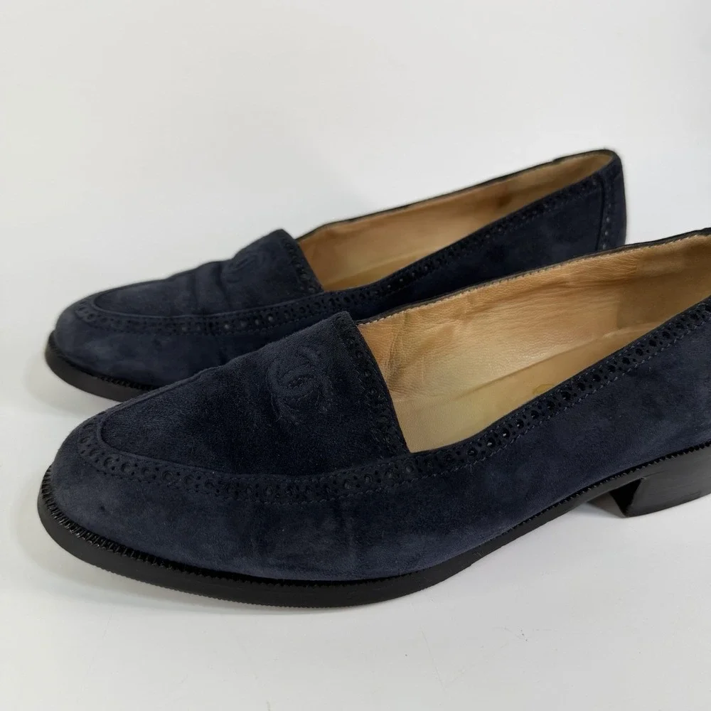 Chanel Loafers Shoes Womens 7 37 Coco CC Mark Embroidered Blue Suede Italy